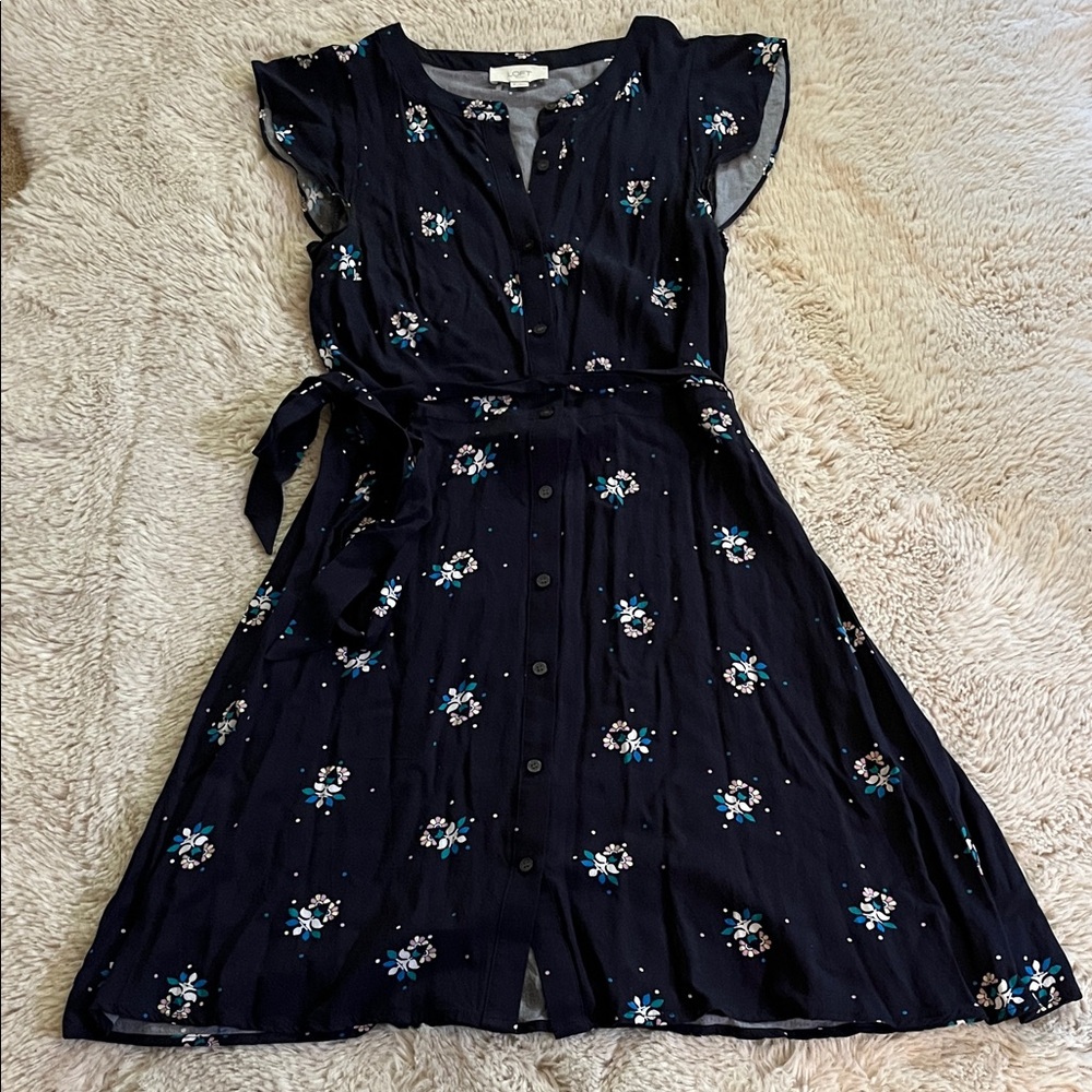 LOFT Navy Floral Button-Up Dress